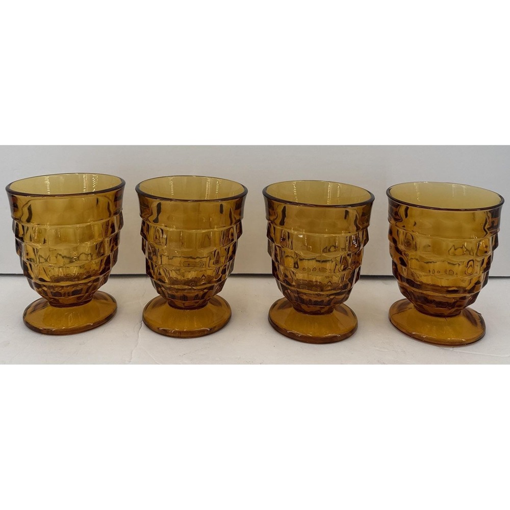 Vtg Indiana Glass Short Whitehall Amber Cubist‎ Footed Drinking Glasses Set of 4